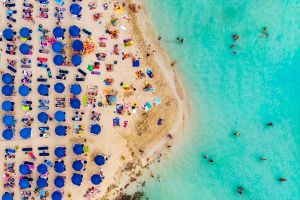 amazing aerial view from nissi beach cyprus nissi beach high tide tourists relax beach crowded beach with lots tourists popular place